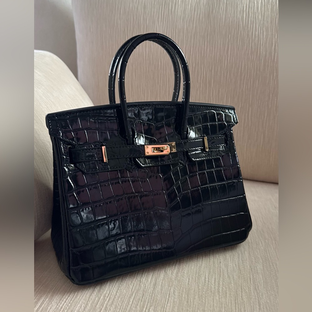 Glossy Black Croc-Embossed Patent Satchel